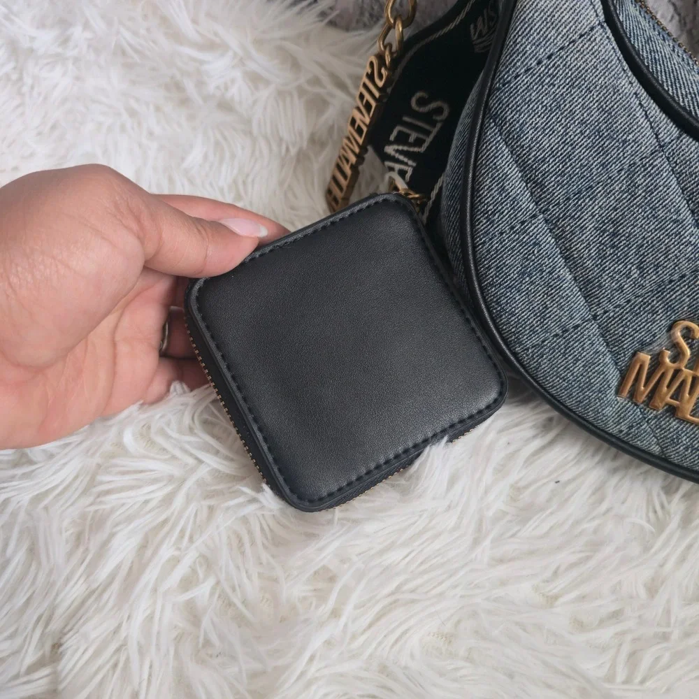 Steve Madden Blue Quilted Denim Crescent Shoulder Bag With Coin Purse Logo Strap